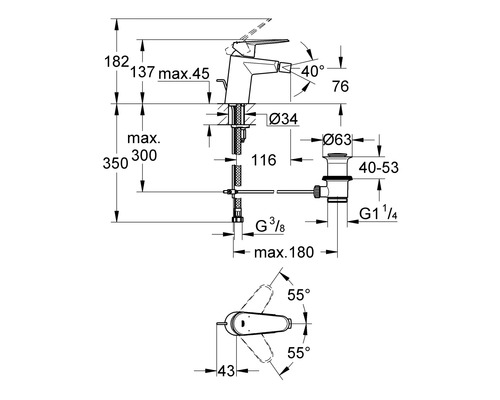 Technische Zeichnung einer Armatur mit Maßangaben
