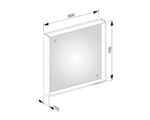 Technische Zeichnung eines Spiegelschranks mit den Maßen 800 x 700 x 105 mm