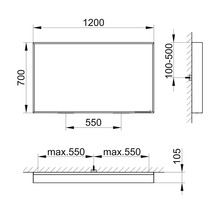 Maßzeichnung eines rechteckigen Spiegels mit den Maßen 1200x700 mm und einer Tiefe von maximal 550 mm.