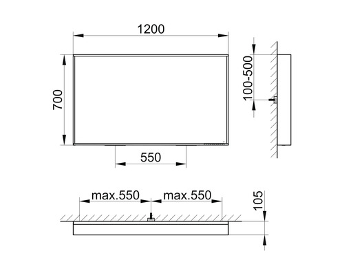 Maßzeichnung eines rechteckigen Spiegels mit den Maßen 1200x700 mm und einer Tiefe von maximal 550 mm.