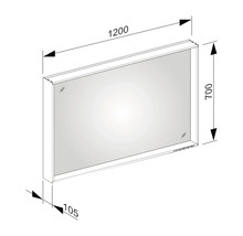 Technische Zeichnung eines rechteckigen Spiegels mit Abmessungen: Breite 1200 mm, Höhe 700 mm, Tiefe 105 mm.