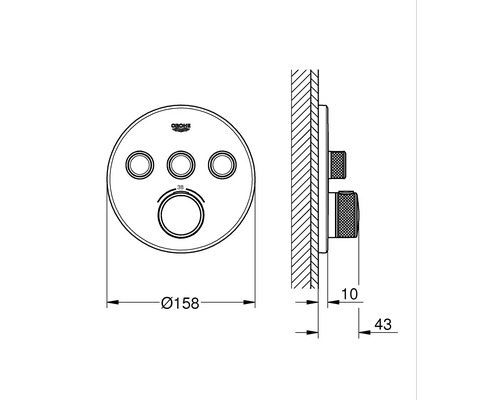 Dessin technique d''un robinet de douche Grohe avec indications de mesure
