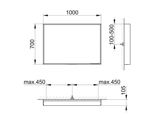 Schéma technique d''un miroir mesurant 1000 x 700 mm.