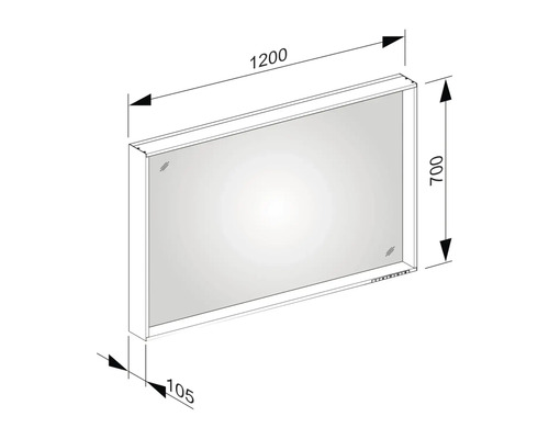Schéma technique d''un miroir mesurant 1200x700x105 millimètres
