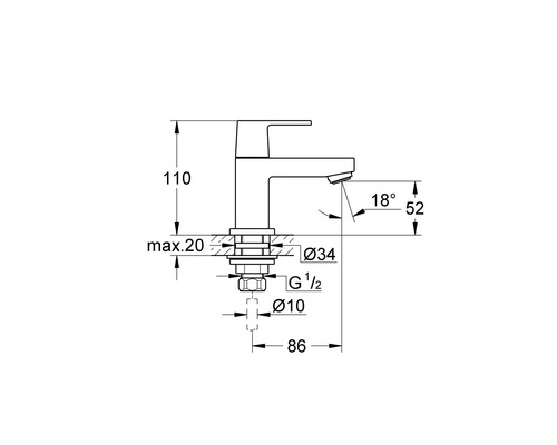 Dessin d''un robinet de lavabo avec indications de dimensions