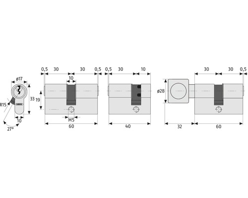 Technische Zeichnung eines Zylinderschlosses mit Maßangaben