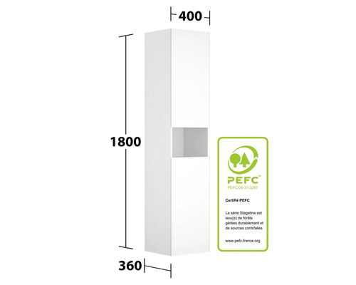 Armoire haute de salle de bains blanche avec dimensions et label PEFC