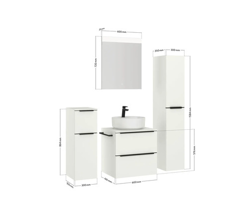 Meuble-lavabo avec meuble sous-vasque, armoire de toilette et armoire haute avec dimensions