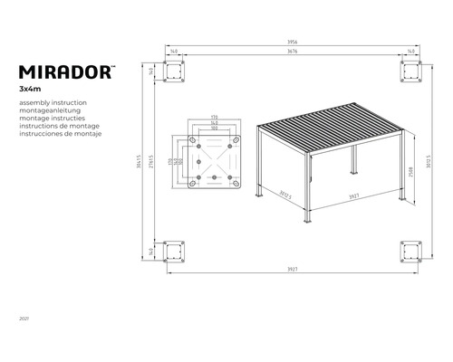 Montageanleitung für eine 3x4 Meter Mirador Überdachung mit Maßangaben