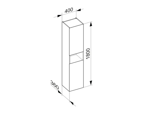 Technische Zeichnung eines Badezimmer Hochschranks mit den Maßen 1800 x 400 x 360 mm.