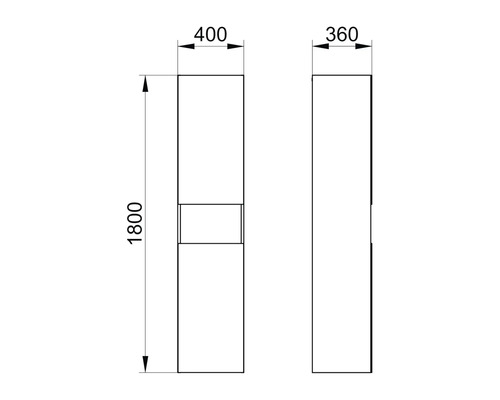 Technische Zeichnung eines Hochschranks mit den Maßen 1800 x 400 x 360 Millimeter.