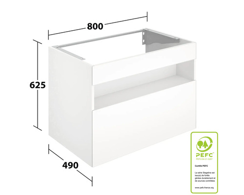 Meuble sous-vasque blanc avec dimensions 800 x 625 x 490 mm et label PEFC