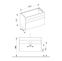 Dessin technique d''un meuble sous-lavabo avec dimensions.