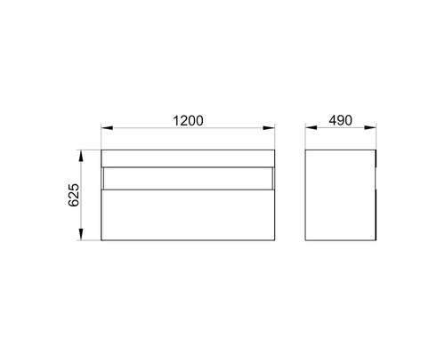 Schéma technique d''un meuble sous-lavabo mesurant 1200 x 490 x 625 millimètres