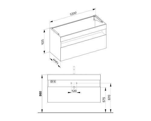 Schéma technique d''un meuble sous-lavabo avec dimensions