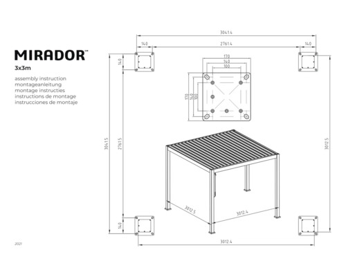 Instructions de montage pour le pavillon Mirador 3x3 mètres avec indications de dimensions