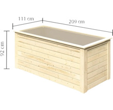 Abbildung eines Pflanzkastens aus Holz mit den Maßen 209 cm Länge, 111 cm Breite und 92 cm Höhe.