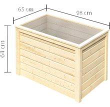 Holzpflanzkasten mit den Maßen 98 cm Länge, 65 cm Breite und 64 cm Höhe.