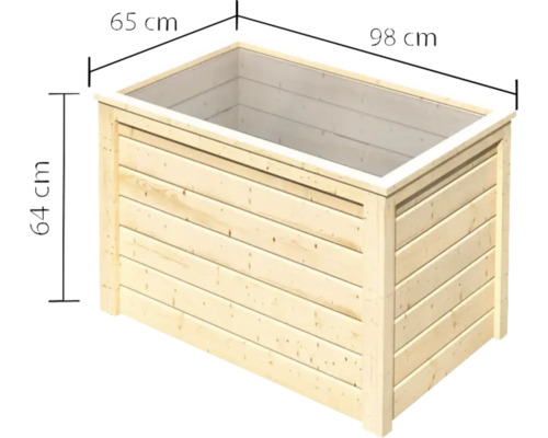 Holzpflanzkasten mit den Maßen 98 cm Länge, 65 cm Breite und 64 cm Höhe.