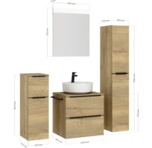 Badezimmermöbelset mit Waschtisch, Waschbecken, Spiegelschrank und zwei Seitenschränken in Holzoptik und mit Maßangaben