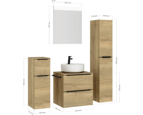 Badezimmermöbelset mit Waschtisch, Waschbecken, Spiegelschrank und zwei Seitenschränken in Holzoptik und mit Maßangaben