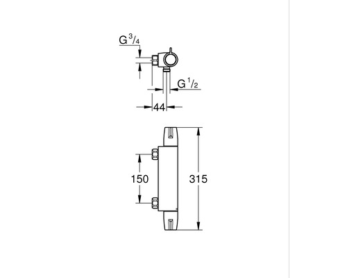 Schéma coté d''un set de raccordement de radiateur avec indications des tailles de raccordement et des dimensions.