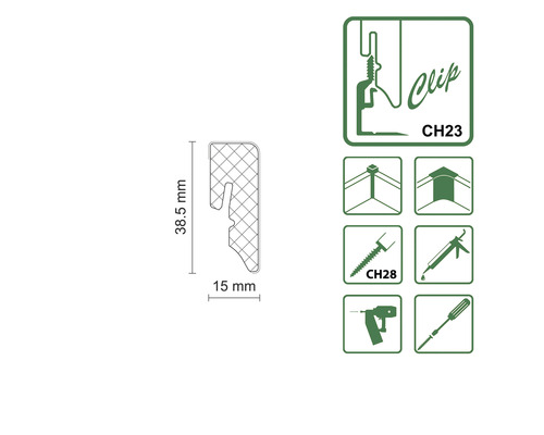 Clip CH23 mit den Maßen 38,5 mm Höhe und 15 mm Breite, sowie Montagehinweise mit Schraube CH28, Montagekleber, Bohrmaschine und Schraubendreher