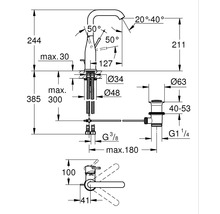 Schéma coté d''un robinet avec diverses indications d''angle et de dimension.