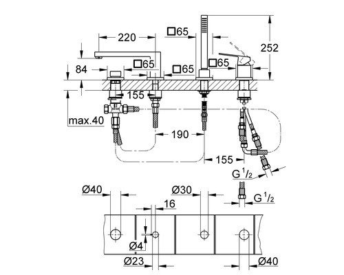Technische Zeichnung einer Badewannenarmatur mit Maßangaben