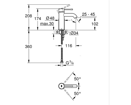 Schéma technique d''un robinet avec dimensions