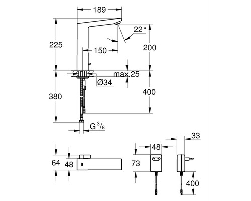 Dessin technique d''un robinet avec indications de mesure