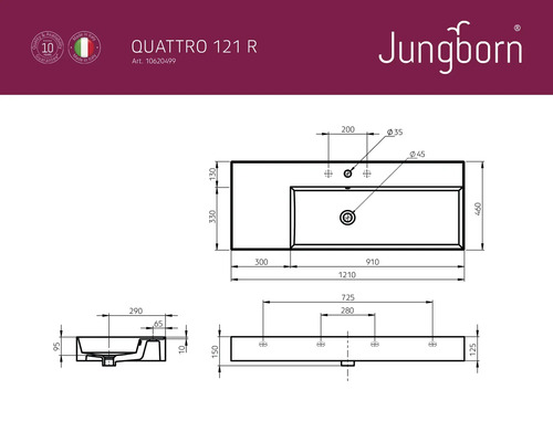 Schéma technique du lavabo Jungborn Quattro 121 R avec dimensions