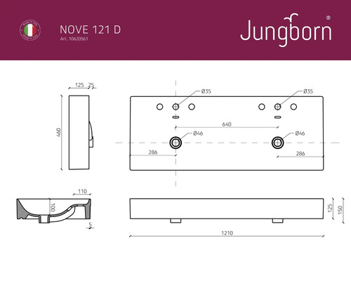 Technische Zeichnung des Jungborn Nove 121 D Waschtischs mit Maßangaben