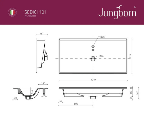 Technische Zeichnung des Jungborn Sedici 101 Waschbeckens mit Maßangaben