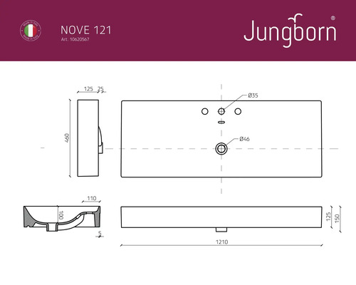 Technische Zeichnung Waschbecken mit Maßen