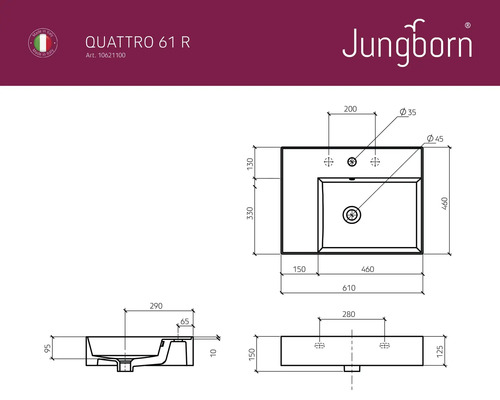 Dessin technique d''un lavabo Jungborn Quattro 61 R avec indications de dimensions
