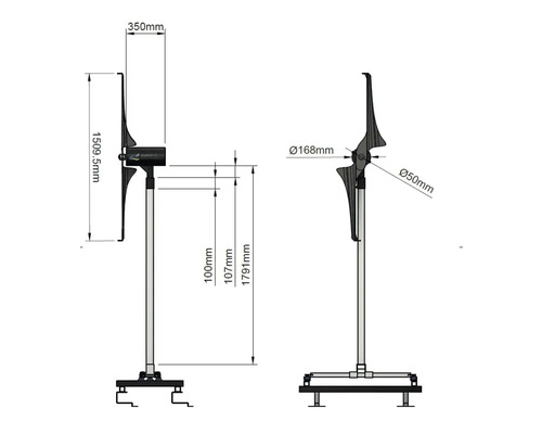Technische Zeichnung eines Windgenerators mit Höhen- und Breitenangaben