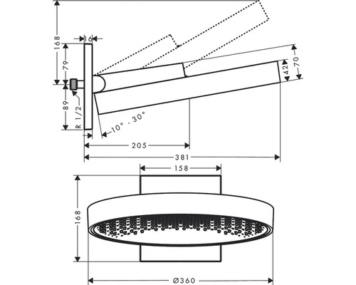 Technische Zeichnung einer Duschbrause mit Maßangaben
