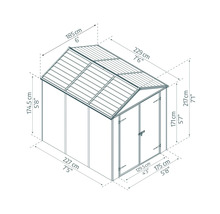 Dimensions d''un abri de jardin avec toit, 174,5 cm de haut, 227 cm de large et 185 cm de profondeur