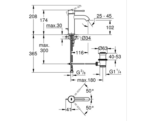 Schéma coté d''un robinet avec indication des dimensions et des raccordements