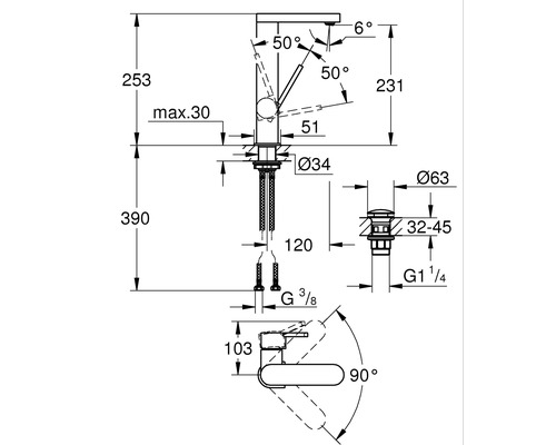 Schéma technique d''un robinet avec indication des dimensions