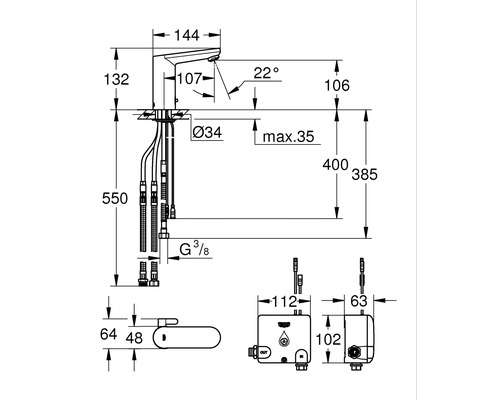 Schéma technique d''un robinet de lavabo avec dimensions