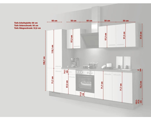 Cuisine équipée avec dimensions du plan de travail, des meubles hauts et bas