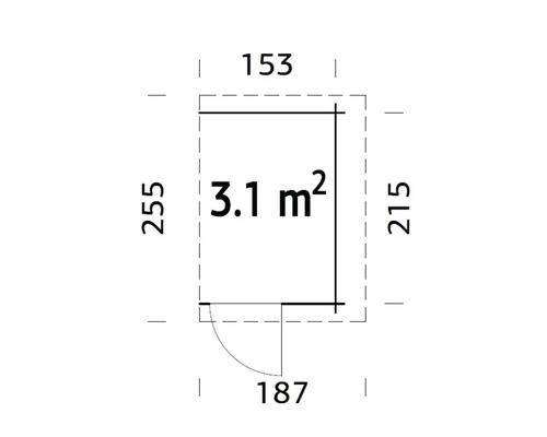 Grundrisszeichnung mit den Maßen 255, 215, 153 und 187, Fläche 3,1 Quadratmeter