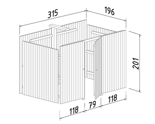 Technische Zeichnung eines Gerätehauses mit Maßangaben.