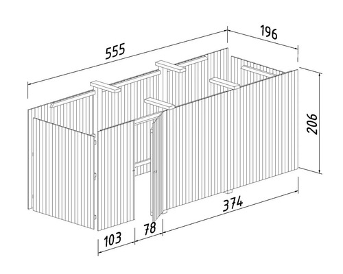 Technische Zeichnung einer Holzhütte mit Maßangaben