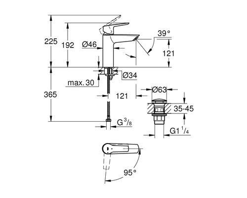 Technische Zeichnung eines Wasserhahns mit Maßen