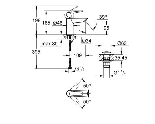 Plan coté d''un robinet avec toutes les dimensions importantes