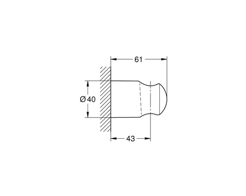 Technische Zeichnung eines Wandbefestigungselements mit den Maßen 40 mm Durchmesser, 61 mm Gesamttiefe und 43 mm Tiefe bis zum Ende der Basis