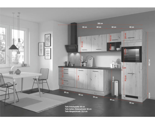 Cuisine avec dimensions et détails sur le plan de travail, les côtés, les meubles bas et les meubles hauts.
